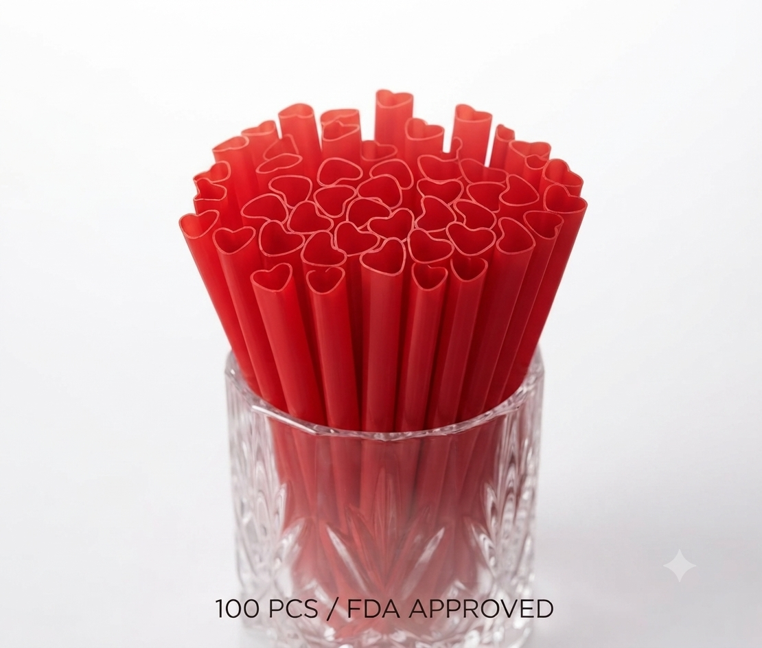 Red heart-shaped drinking straws